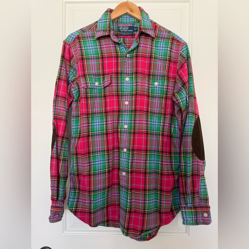Polo Ralph Lauren Flannel Plaid Shirt Elbow Patch Long Sleeve Vintage Vibe M